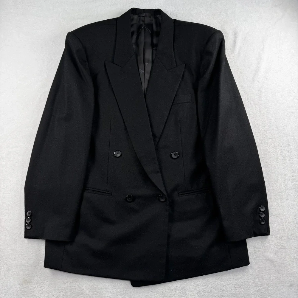 Vintage BESPOKE Double Breasted Flannel Suit Mens 40S 28x29 100% Wool Peak Lapel